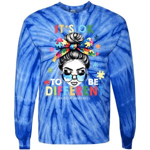 ItS Ok To Be Different Autism Awareness Messy Bun Gift Tie-Dye Long Sleeve Shirt