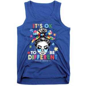 ItS Ok To Be Different Autism Awareness Messy Bun Gift Tank Top