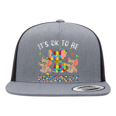 It's Ok To Be Different Elephant Puzzle Autism Awareness Day Flat Bill Trucker Hat