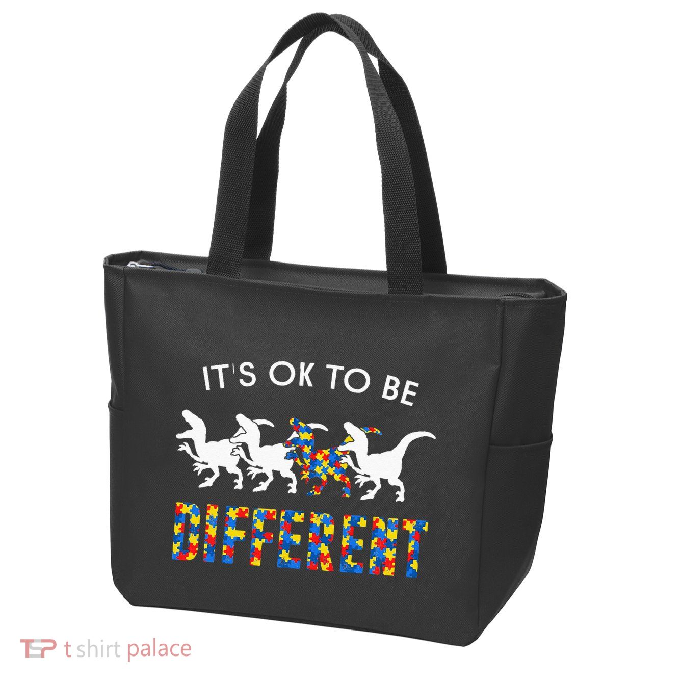 It's Ok To Be Different Autism Awareness Dinosaur Zip Tote Bag