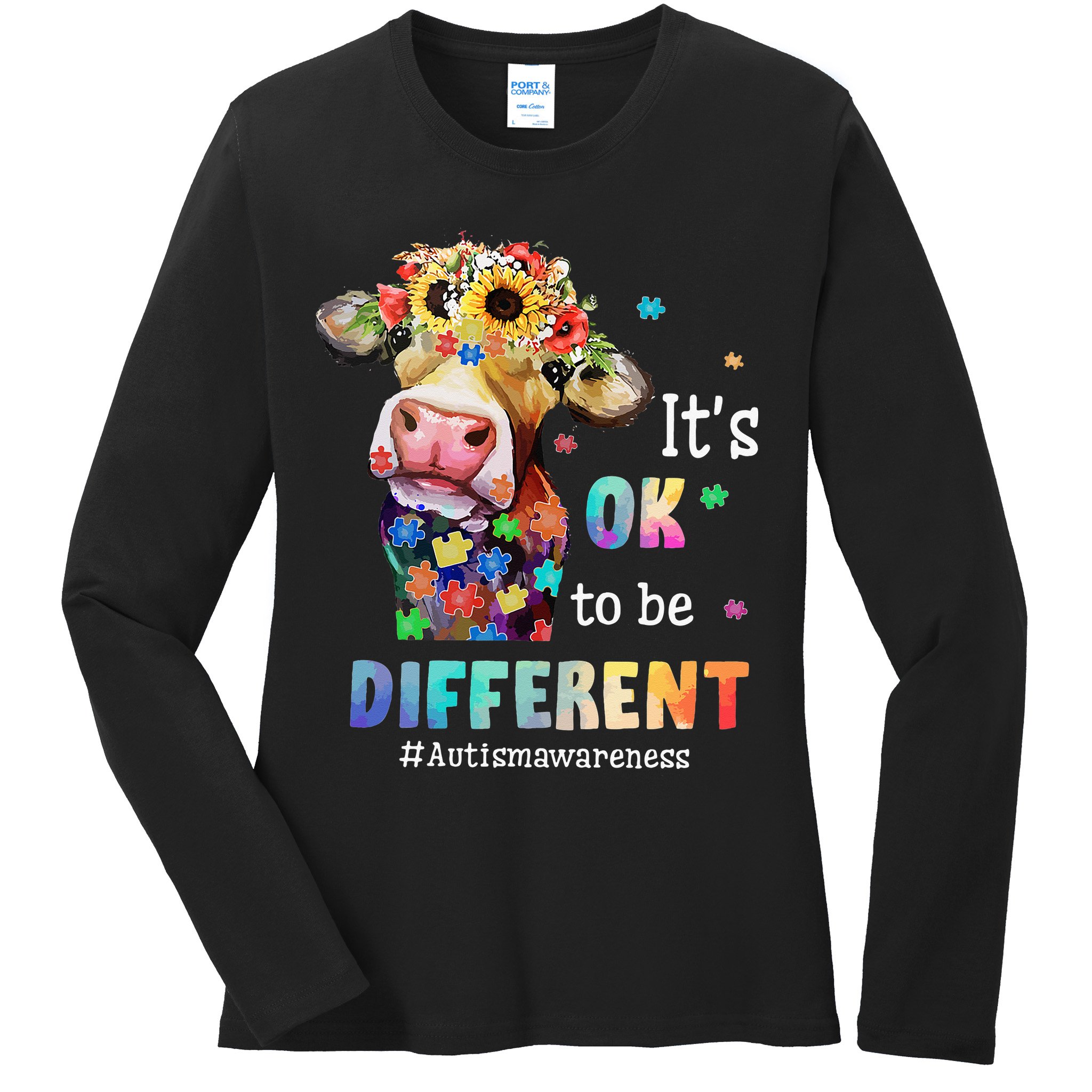 It's Ok To Be Different Heifer Cow Autism Awareness Ladies Long Sleeve Shirt