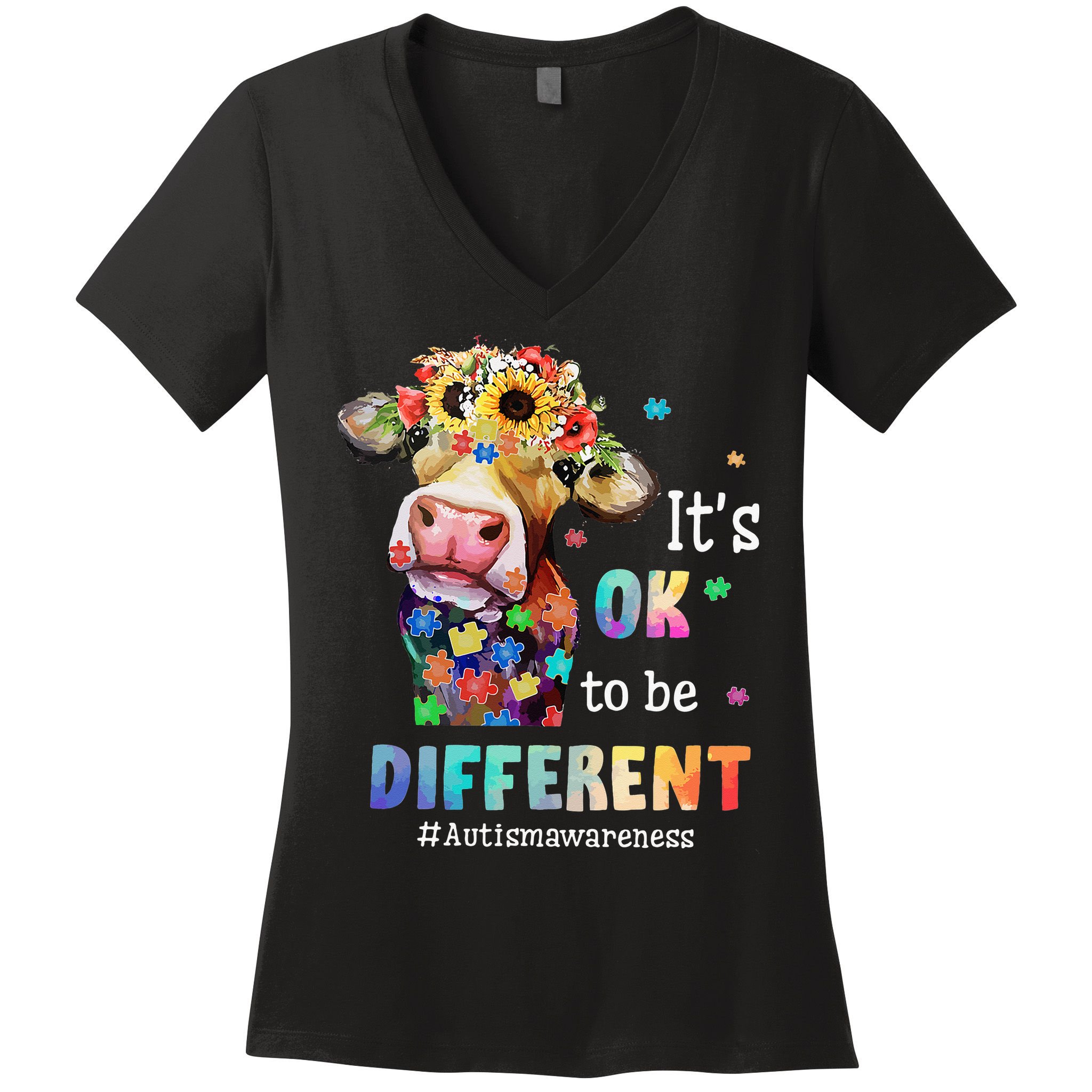 It's Ok To Be Different Heifer Cow Autism Awareness Women's V-Neck T-Shirt