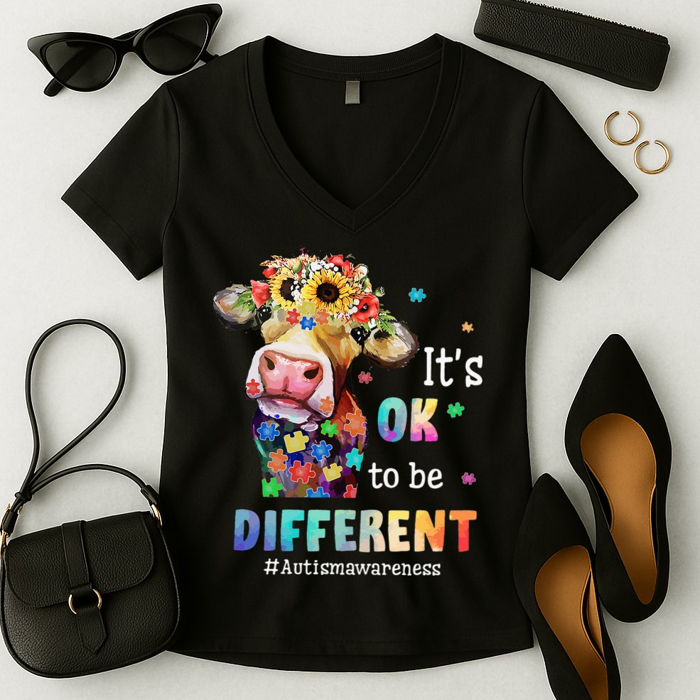 It's Ok To Be Different Heifer Cow Autism Awareness Women's V-Neck T-Shirt
