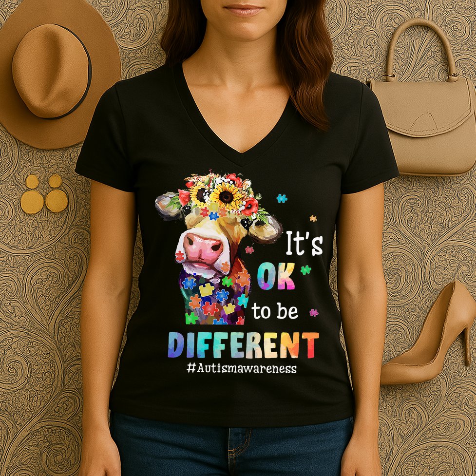 It's Ok To Be Different Heifer Cow Autism Awareness Women's V-Neck T-Shirt