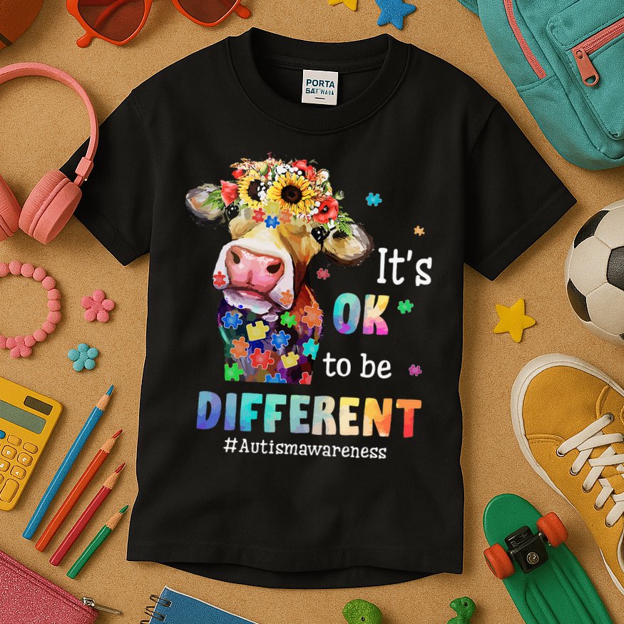 It's Ok To Be Different Heifer Cow Autism Awareness Kids T-Shirt