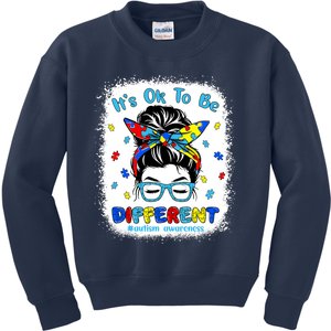 Its Ok To Be Different Messy Bun Autism Awareness Bleached Kids Sweatshirt