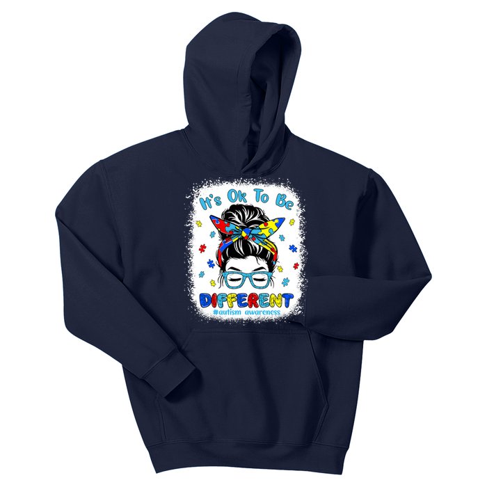 Its Ok To Be Different Messy Bun Autism Awareness Bleached Kids Hoodie