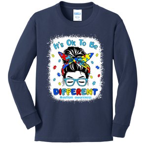 Its Ok To Be Different Messy Bun Autism Awareness Bleached Kids Long Sleeve Shirt