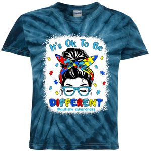 Its Ok To Be Different Messy Bun Autism Awareness Bleached Kids Tie-Dye T-Shirt