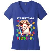 ItS Okey To Be Different Autism Awareness Dabbing Hedgehog Gift Women's V-Neck T-Shirt