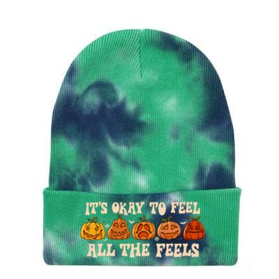 ItS Okay To Feel Mental Health Fall Pumpkin Halloween Tie Dye 12in Knit Beanie