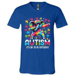 It’S Ok To Be Different Autism Awareness Dabbing Elephant Gift V-Neck T-Shirt