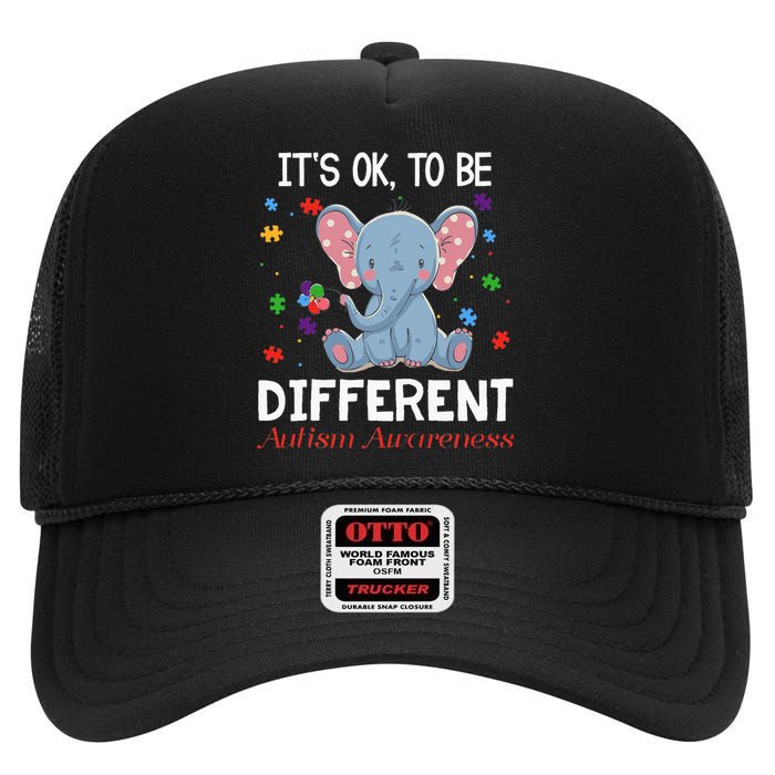 It's Ok To Be Different Elephant Autism Awareness High Crown Mesh Back Trucker Hat