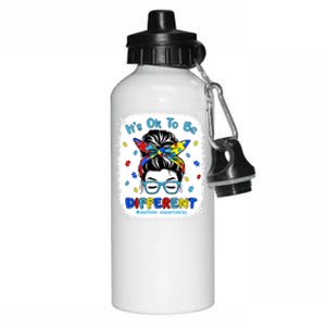 ItS Ok To Be Different Messy Bun Autism Awareness Bleached Funny Gift Aluminum Water Bottle