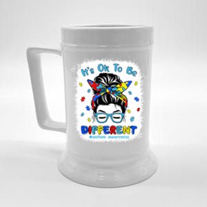 ItS Ok To Be Different Messy Bun Autism Awareness Bleached Funny Gift Beer Stein