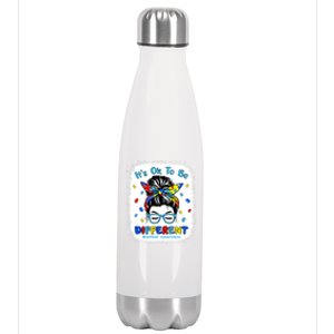 ItS Ok To Be Different Messy Bun Autism Awareness Bleached Funny Gift Stainless Steel Insulated Water Bottle