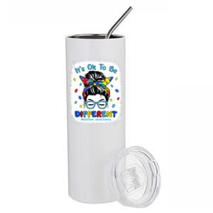 ItS Ok To Be Different Messy Bun Autism Awareness Bleached Funny Gift Stainless Steel Tumbler