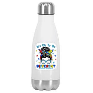 ItS Ok To Be Different Messy Bun Autism Awareness Bleached Funny Gift Stainless Steel Insulated Water Bottle