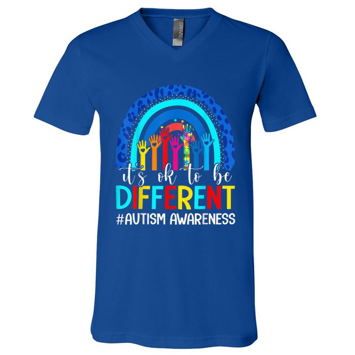 It's Ok To Be Different Autism Awareness Leopard Rainbow V-Neck T-Shirt