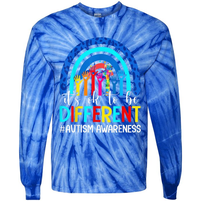 It's Ok To Be Different Autism Awareness Leopard Rainbow Tie-Dye Long Sleeve Shirt