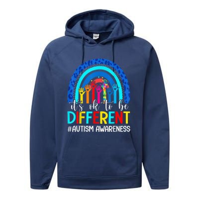 It's Ok To Be Different Autism Awareness Leopard Rainbow Performance Fleece Hoodie