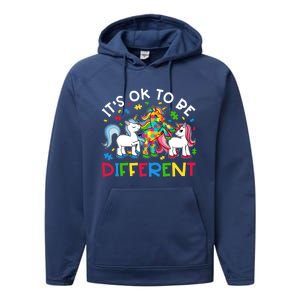 ItS Ok To Be Different Unicorn Puzzle Autism Awareness Meaningful Gift Performance Fleece Hoodie