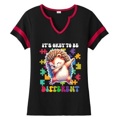 ItS Okey To Be Different Autism Awareness Dabbing Hedgehog Gift Ladies Halftime Notch Neck Tee