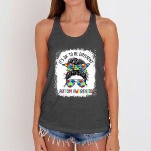 It's Ok To Be Different Autism Awareness Messy Bun Bleached Women's Knotted Racerback Tank