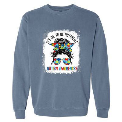 It's Ok To Be Different Autism Awareness Messy Bun Bleached Garment-Dyed Sweatshirt