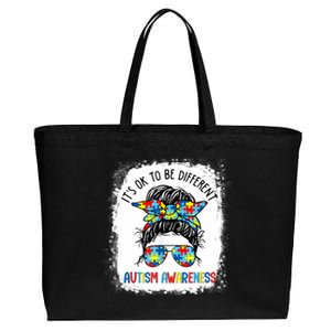 It's Ok To Be Different Autism Awareness Messy Bun Bleached Cotton Canvas Jumbo Tote