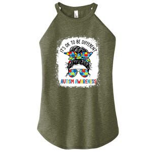 It's Ok To Be Different Autism Awareness Messy Bun Bleached Women's Perfect Tri Rocker Tank