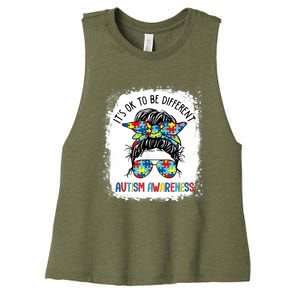 It's Ok To Be Different Autism Awareness Messy Bun Bleached Women's Racerback Cropped Tank