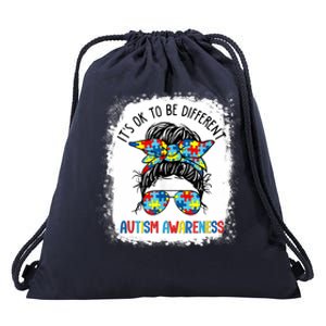 It's Ok To Be Different Autism Awareness Messy Bun Bleached Drawstring Bag