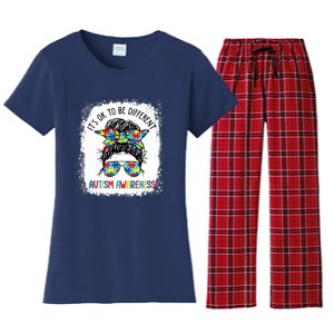 It's Ok To Be Different Autism Awareness Messy Bun Bleached Women's Flannel Pajama Set