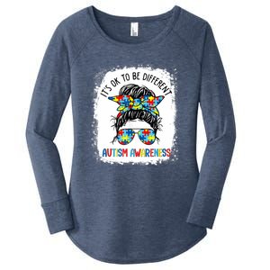 It's Ok To Be Different Autism Awareness Messy Bun Bleached Women's Perfect Tri Tunic Long Sleeve Shirt