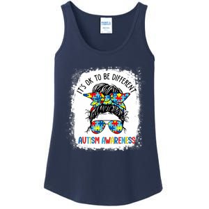 It's Ok To Be Different Autism Awareness Messy Bun Bleached Ladies Essential Tank