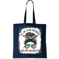 It's Ok To Be Different Autism Awareness Messy Bun Bleached Tote Bag