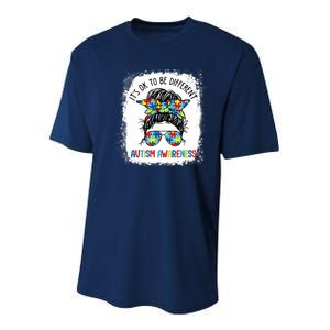 It's Ok To Be Different Autism Awareness Messy Bun Bleached Youth Performance Sprint T-Shirt