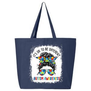 It's Ok To Be Different Autism Awareness Messy Bun Bleached 25L Jumbo Tote