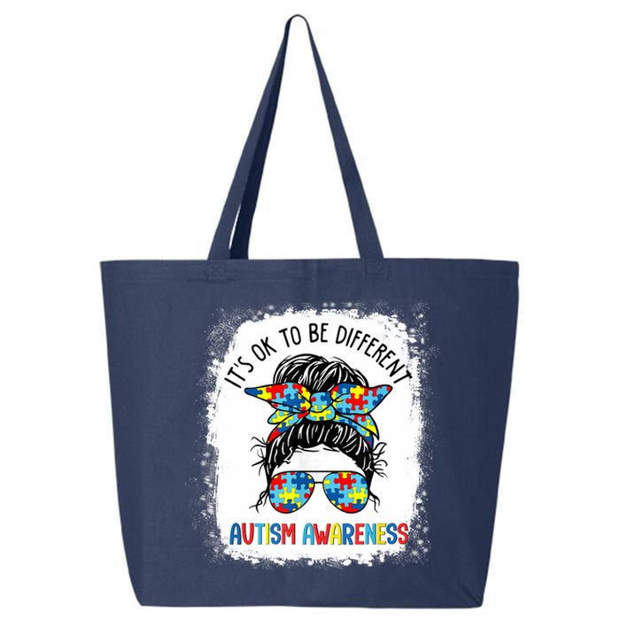 It's Ok To Be Different Autism Awareness Messy Bun Bleached 25L Jumbo Tote