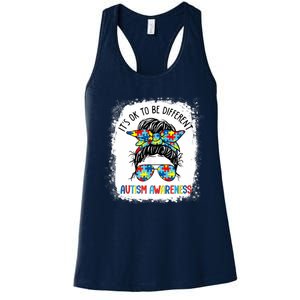 It's Ok To Be Different Autism Awareness Messy Bun Bleached Women's Racerback Tank