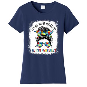 It's Ok To Be Different Autism Awareness Messy Bun Bleached Women's T-Shirt