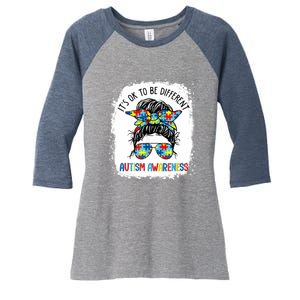 It's Ok To Be Different Autism Awareness Messy Bun Bleached Women's Tri-Blend 3/4-Sleeve Raglan Shirt