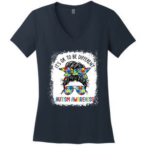 It's Ok To Be Different Autism Awareness Messy Bun Bleached Women's V-Neck T-Shirt