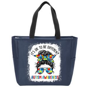 It's Ok To Be Different Autism Awareness Messy Bun Bleached Zip Tote Bag