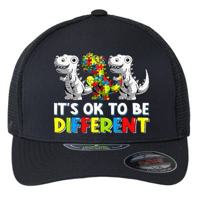 It's Ok To Be Different Dinosaur Autism Awareness Gifts Flexfit Unipanel Trucker Cap