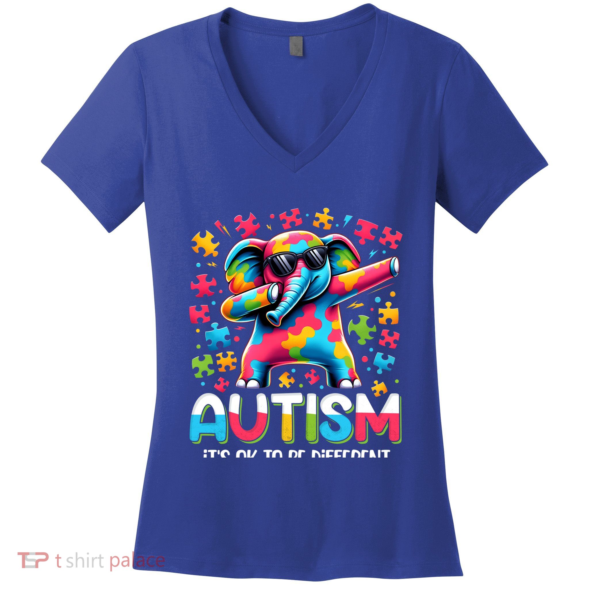 It’S Ok To Be Different Autism Awareness Dabbing Elephant Cute Gift Women's V-Neck T-Shirt