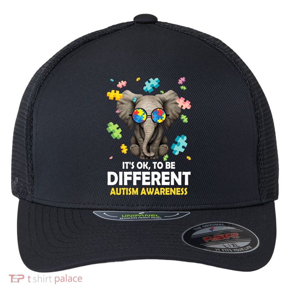 It's Ok To Be Different Elephant Autism Awareness Puzzle Meaningful Gift Flexfit Unipanel Trucker Cap
