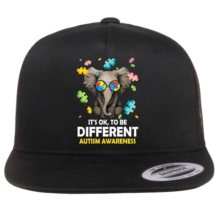 It's Ok To Be Different Elephant Autism Awareness Puzzle Meaningful Gift Flat Bill Trucker Hat