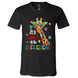 Its Ok To Be Different Autism Awareness Acceptance Giraffe V-Neck T-Shirt